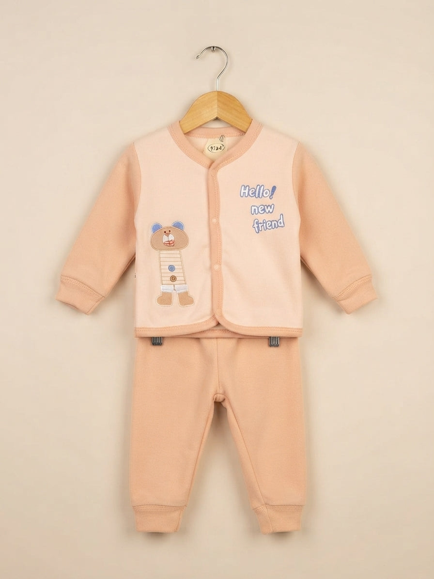 Cute Kids Cotton Bear Print Button Up Top And Matching Trouser Outfit Set