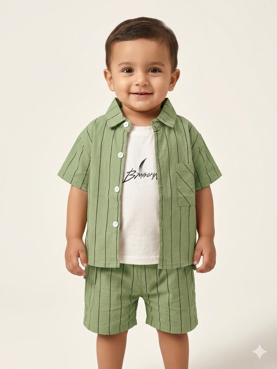 Toddler Boys' Three-Piece Vertical Stripe Shirt and Shorts Set with Printed Graphic T-Shirt