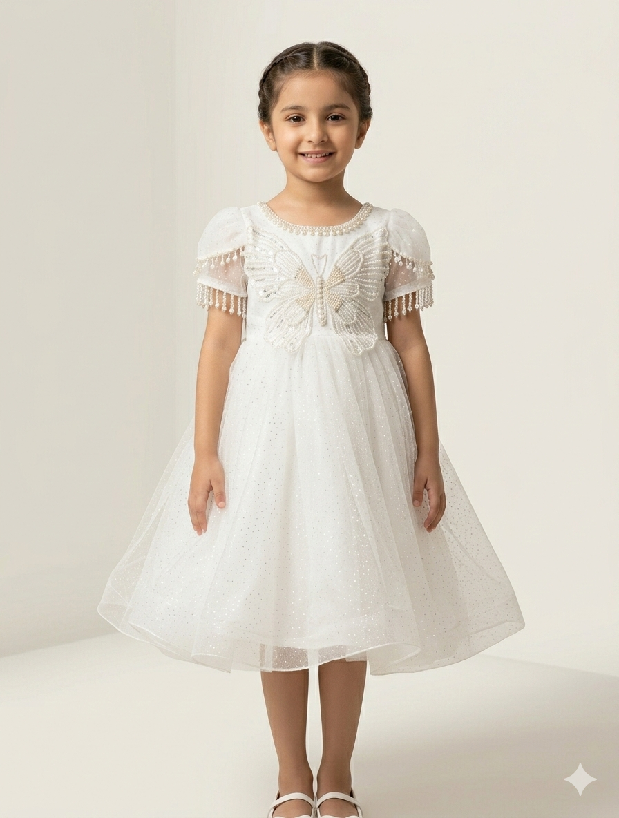 Elegant White Butterfly Appliqué Tulle Party Dress with Pearl Beads and Fringed Cap Sleeves