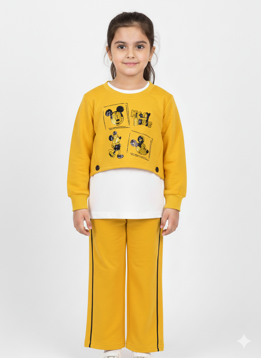 Girls' Three-Piece Mickey Mouse Graphic Sweatshirt Set with Layered Top and Matching Jogger Pants