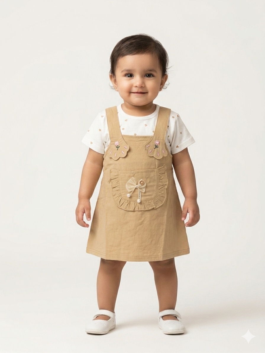 Toddler Girls Embroidered Pinafore Dress Set with Polka Dot Tee and Cute Ruffle Detail