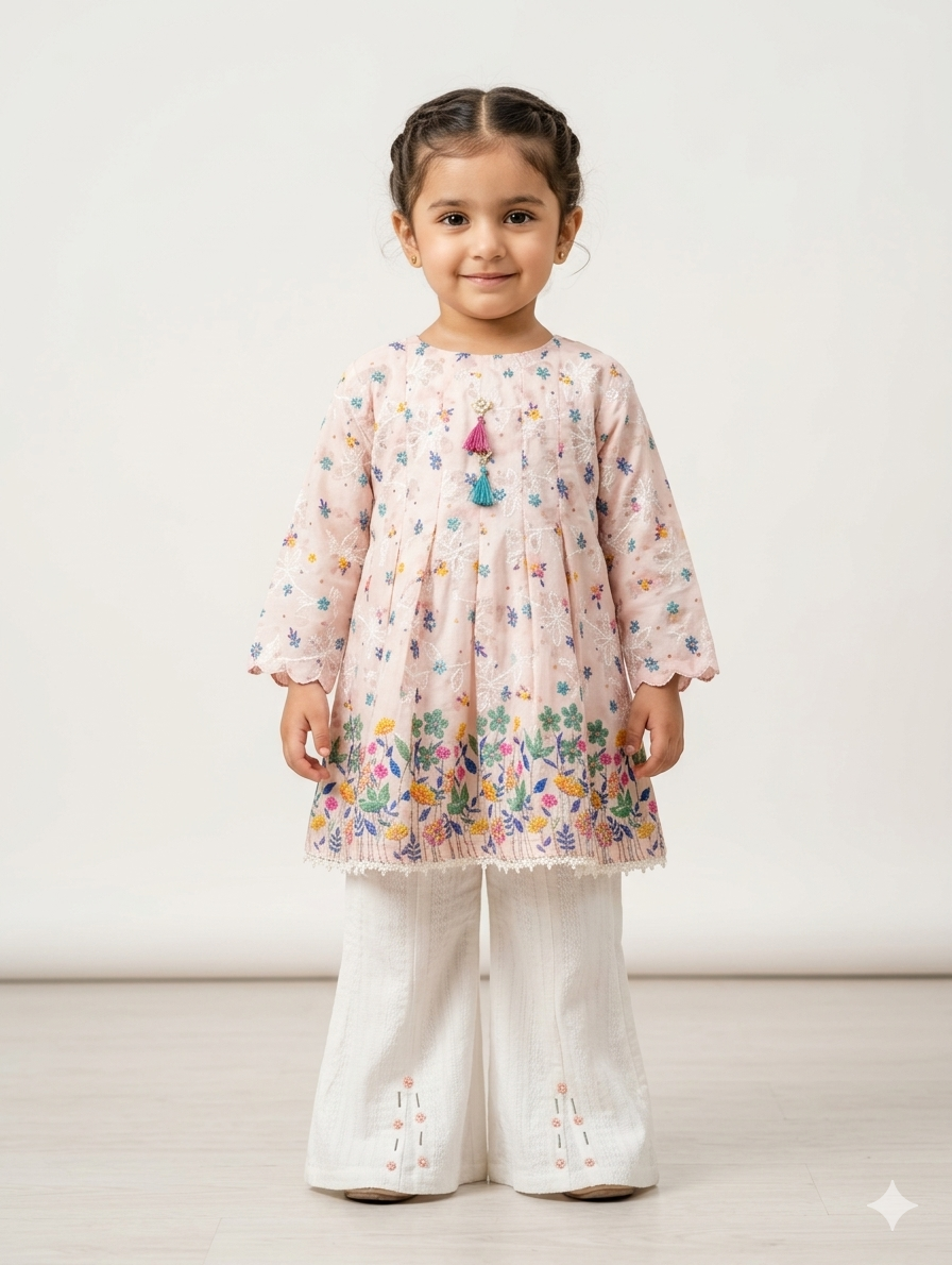 Girls Floral Embroidered Pink Peplum Kurta with White Wide-Leg Scalloped Trousers Two-Piece Eastern Set