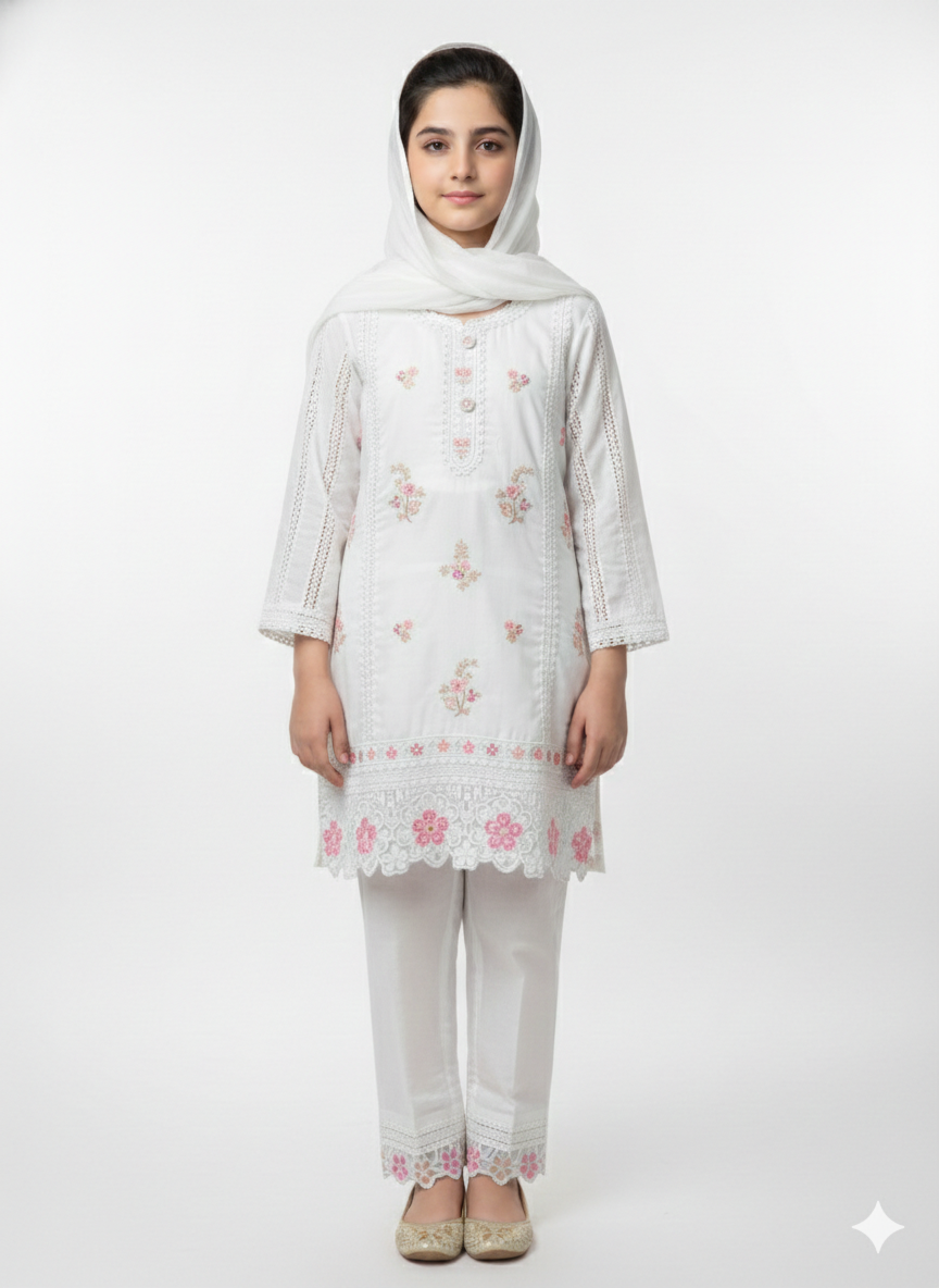 Pristine White Three-Piece Embroidered Lawn Suit with Multicolored Floral Accents and Pure Cotton Dupatta