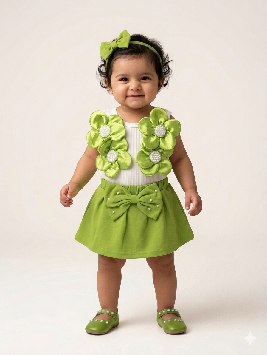 Toddler Girl 3D Floral Applique Skirt Set with Matching Headband and Bow Detail Shoes