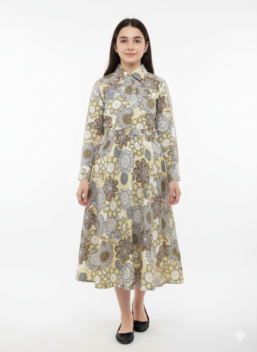 Girls' Retro Daisy Print Long Sleeve Button-Down Frock with Classic Collar and Flared Skirt