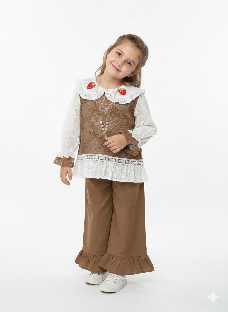 Sweet Strawberry Embroidered Lace Collar Blouse and Ruffle Hem Wide Leg Pants Two-Piece Set