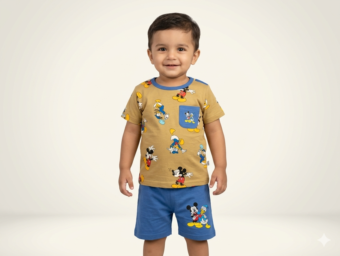 Boys Mickey & Friends Character Print Cotton T-Shirt and Shorts Two-Piece Summer Outfit Set