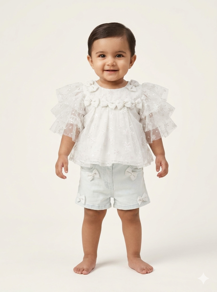 Toddler Girl Lace Ruffle Tiered Blouse and Bow Detail Denim Shorts Summer Fashion Outfit Set