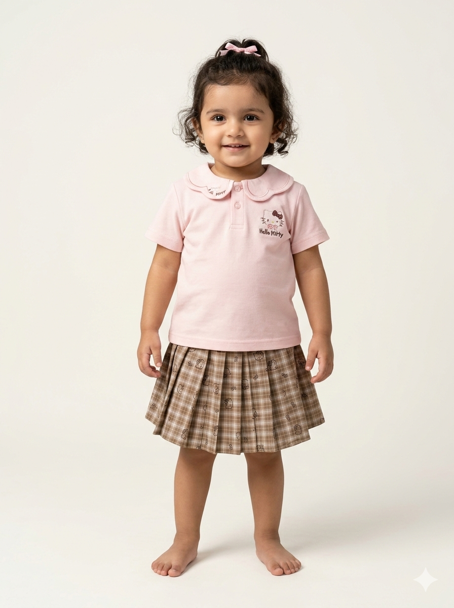 Toddler Girl Hello Kitty Polo Shirt and Plaid Pleated Skirt Two Piece Preppy Fashion Outfit