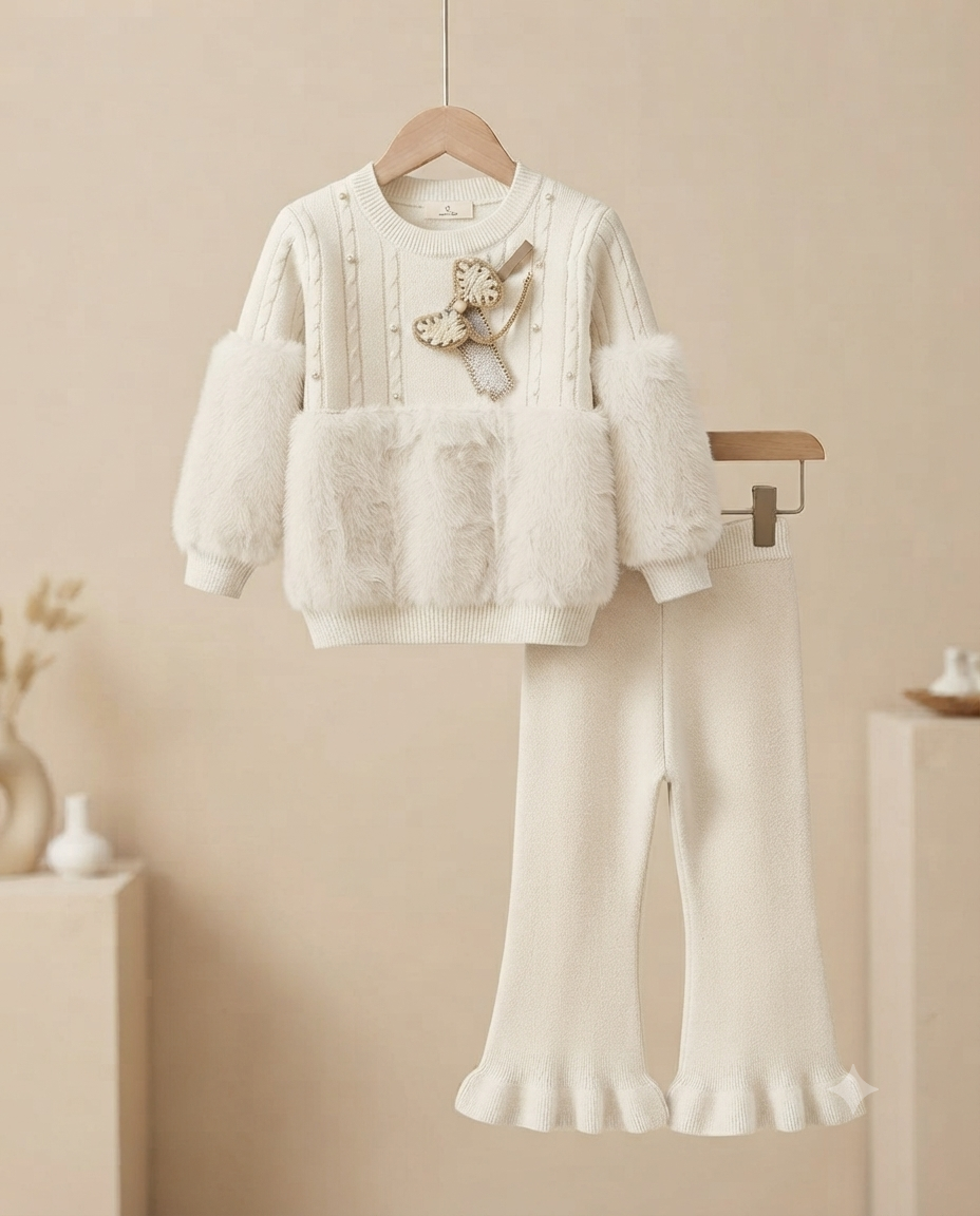 Stylish Winter Knitted Two-Piece Set With Faux Fur Accents And Ruffle Pants