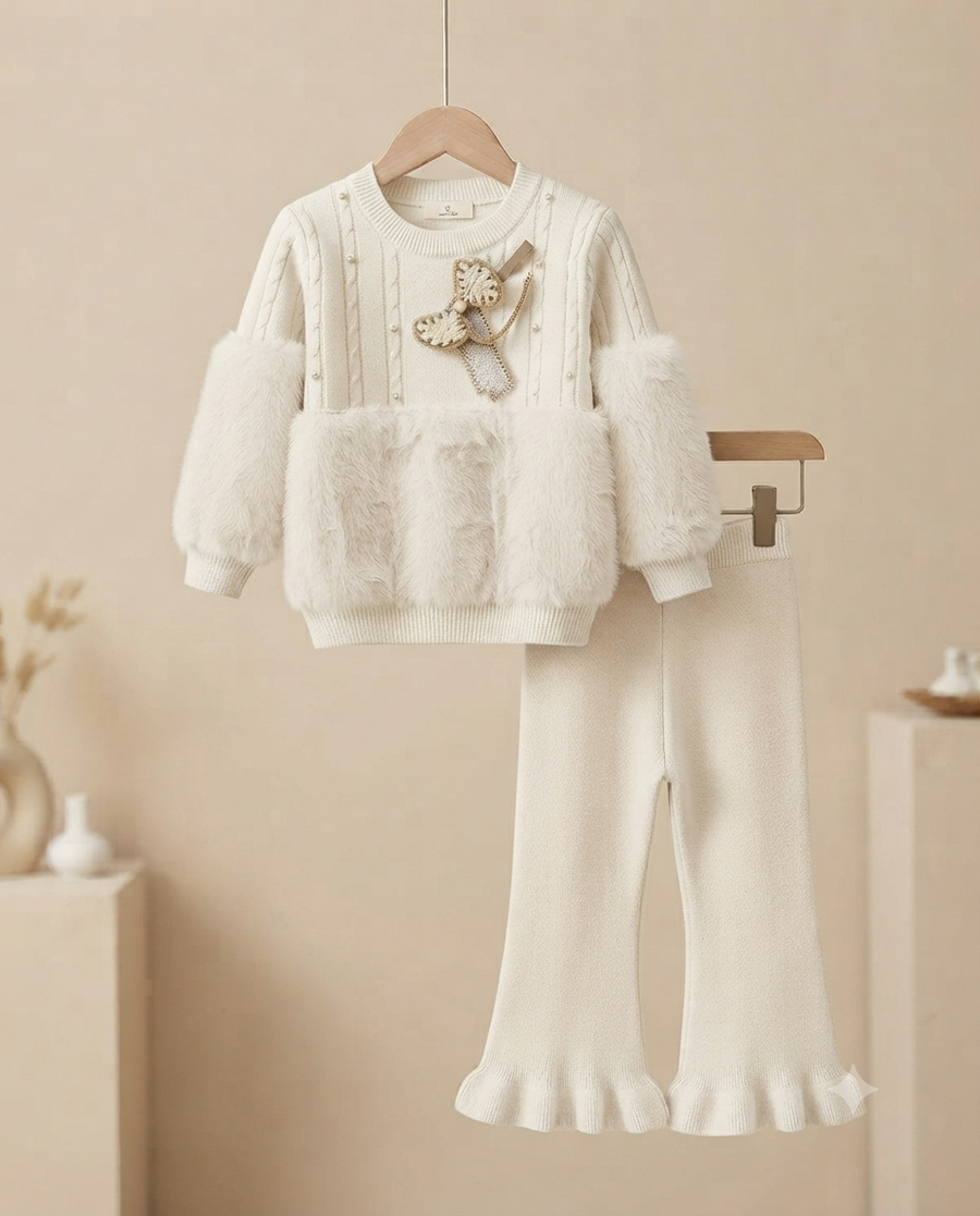 Stylish Winter Knitted Two-Piece Set With Faux Fur Accents And Ruffle Pants