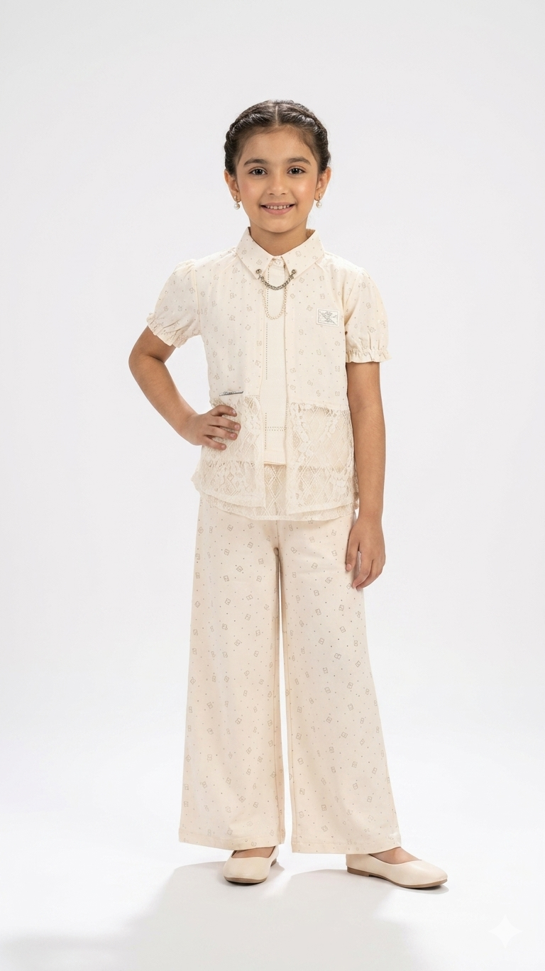 Stylish Girls Self Print Net Lace Shrug 3 Piece Pants Suit Co Ord Set