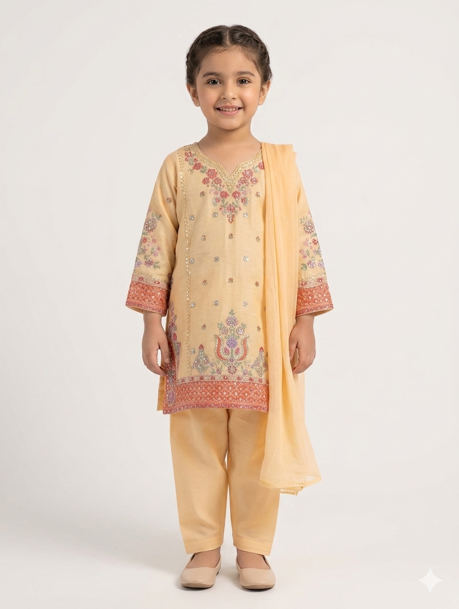 Hand-Embroidered Peach and Cream Girls' Shalwar Kameez Set with Intricate Floral Patterns and Dupatta
