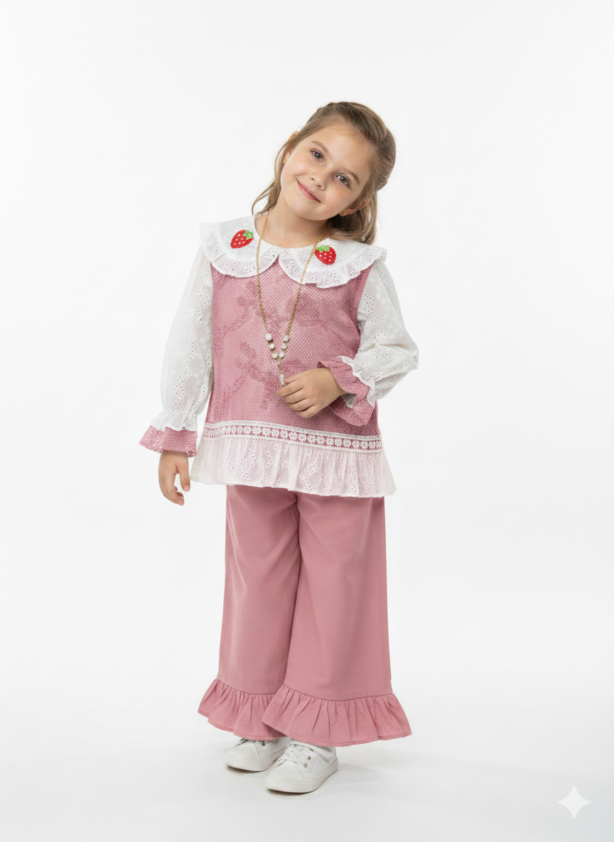 Sweet Strawberry Embroidered Lace Collar Blouse and Ruffle Hem Wide Leg Pants Two-Piece Set
