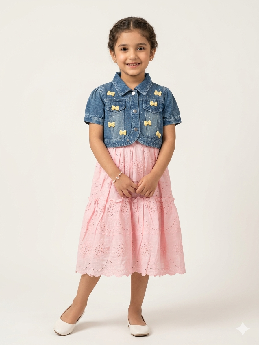 Girls Chic Cotton Eyelet Dress With Cropped Denim Bolero Jacket In Pink And Offwhite