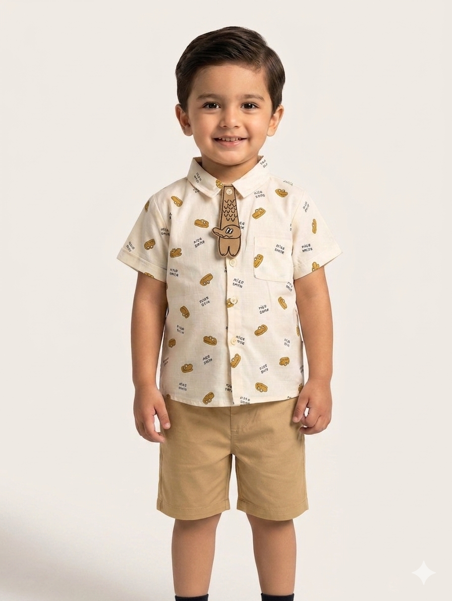 Toddler Boys Short Sleeve Animal Print Shirt and Shorts Set with Cute Character Tie Detail