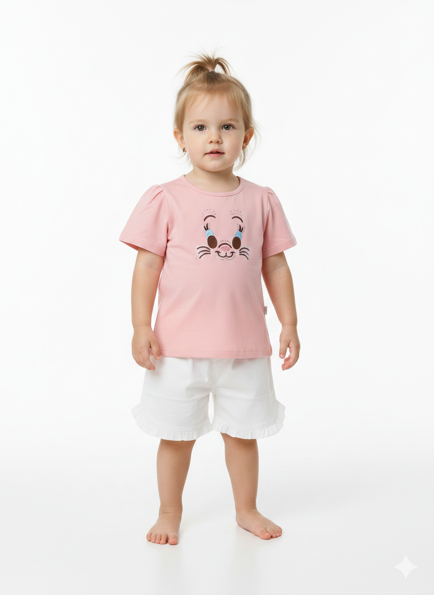 Toddler Girls' Two-Piece Summer Set with Graphic Character Tee and Ruffle-Trimmed Fashion Shorts