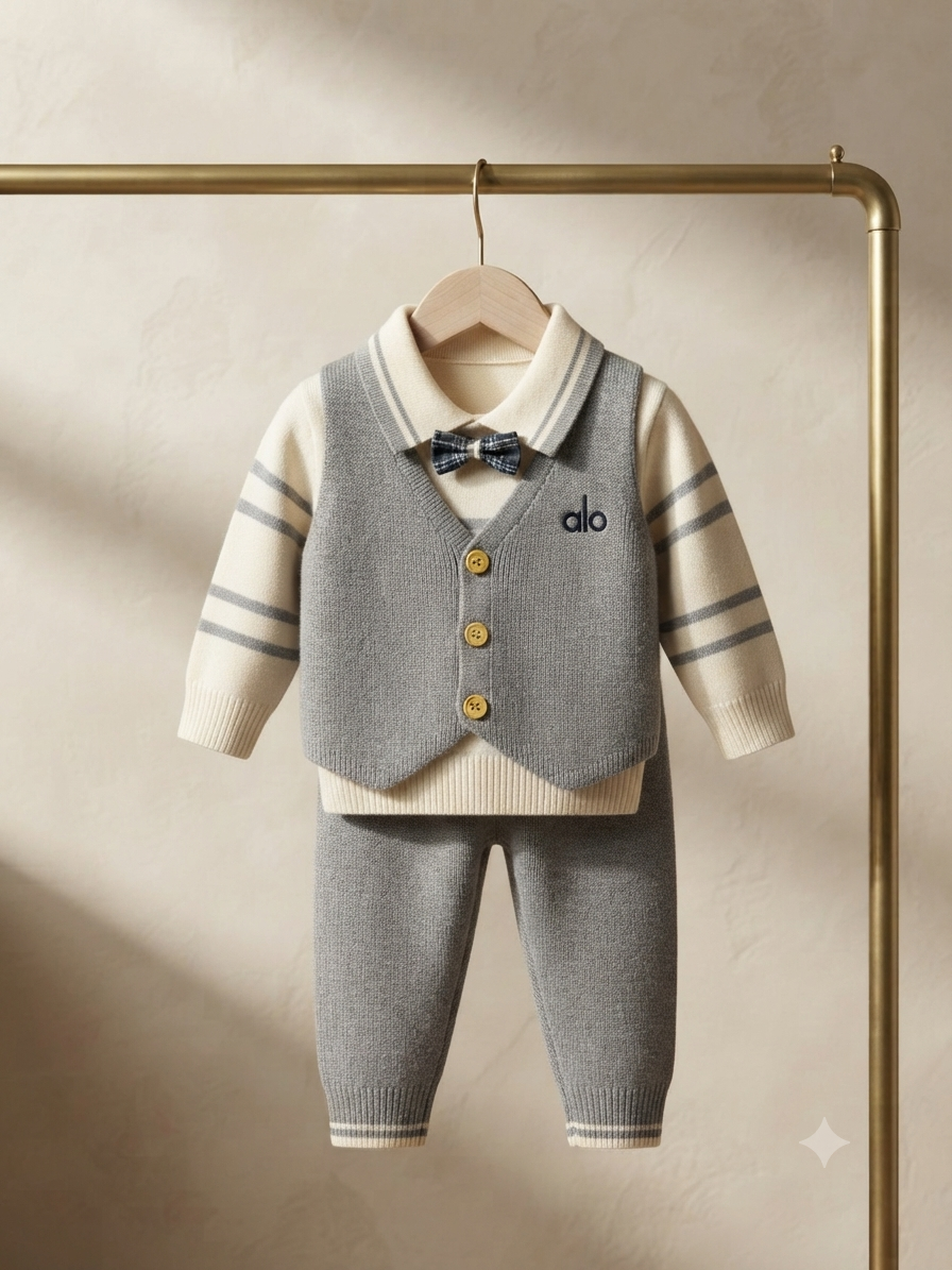 Elegant Gentleman Knitted Formal Two Piece Baby Set With Bow Tie For Special Occasions