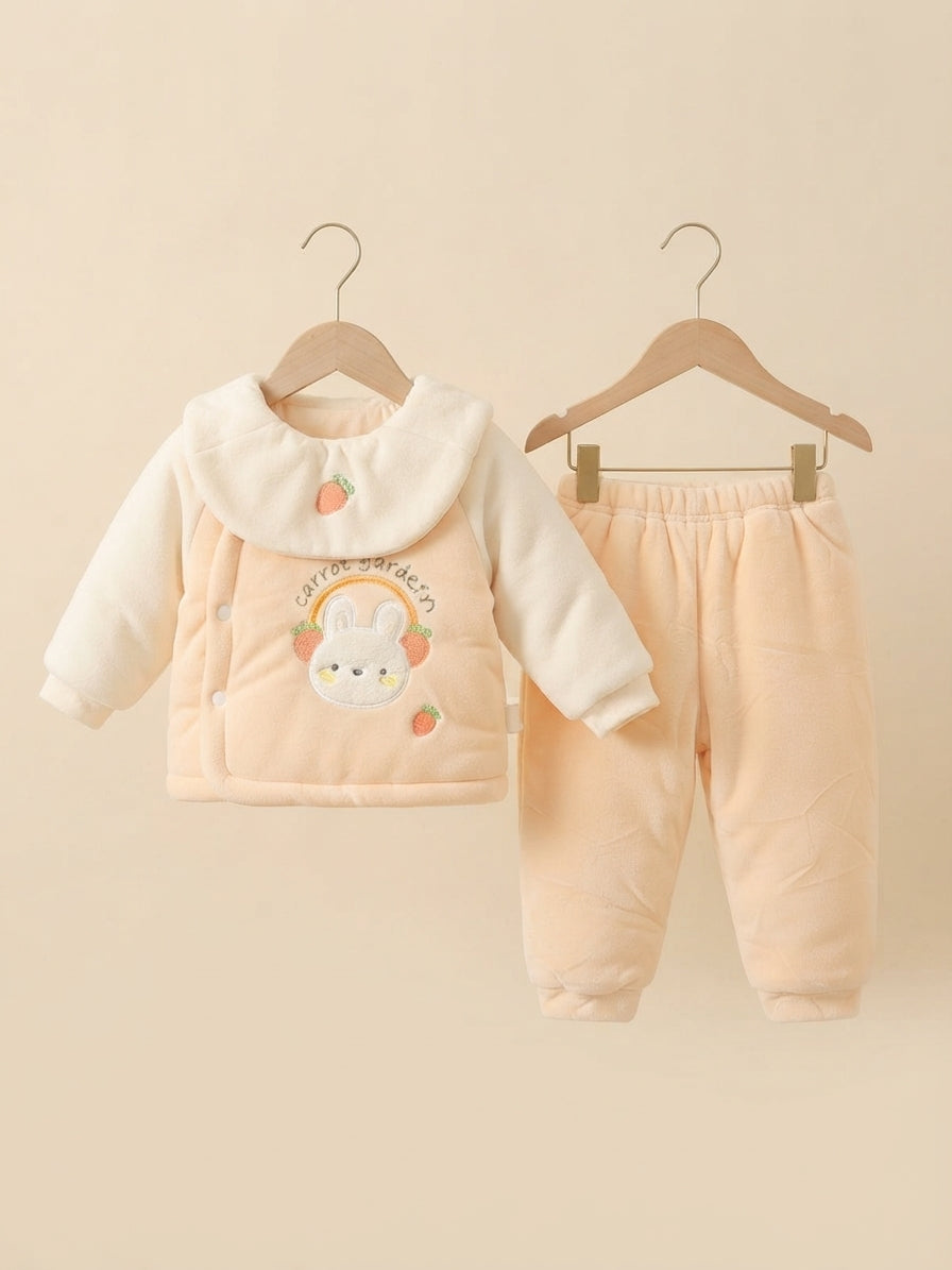 Cute Rabbit Design Fleece Winter Top With Matching Full-Length Trouser Set