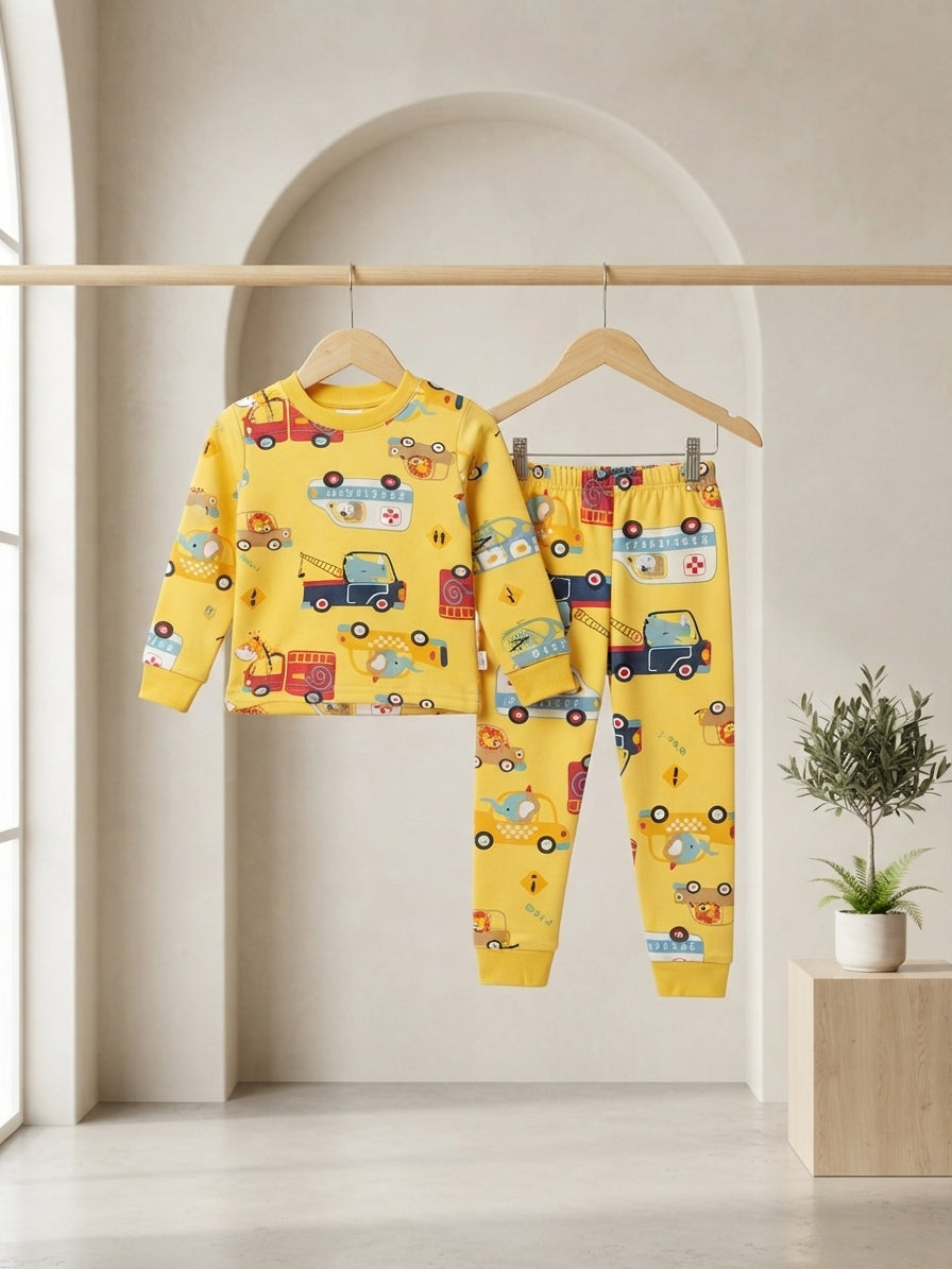Kids yellow vehicle print sweatshirt and matching trouser set for daily casual wear.