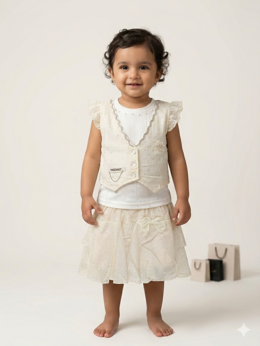Elegant Toddler Girl Three-Piece Skirt Set with Ruffled Vest and Bow Detail Outfits