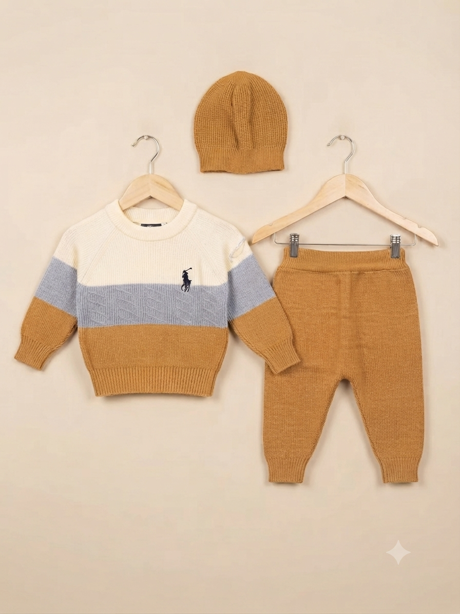 Kids Stylish Colorblock Knit Sweater Full Length Trousers And Matching Beanie Hat Set