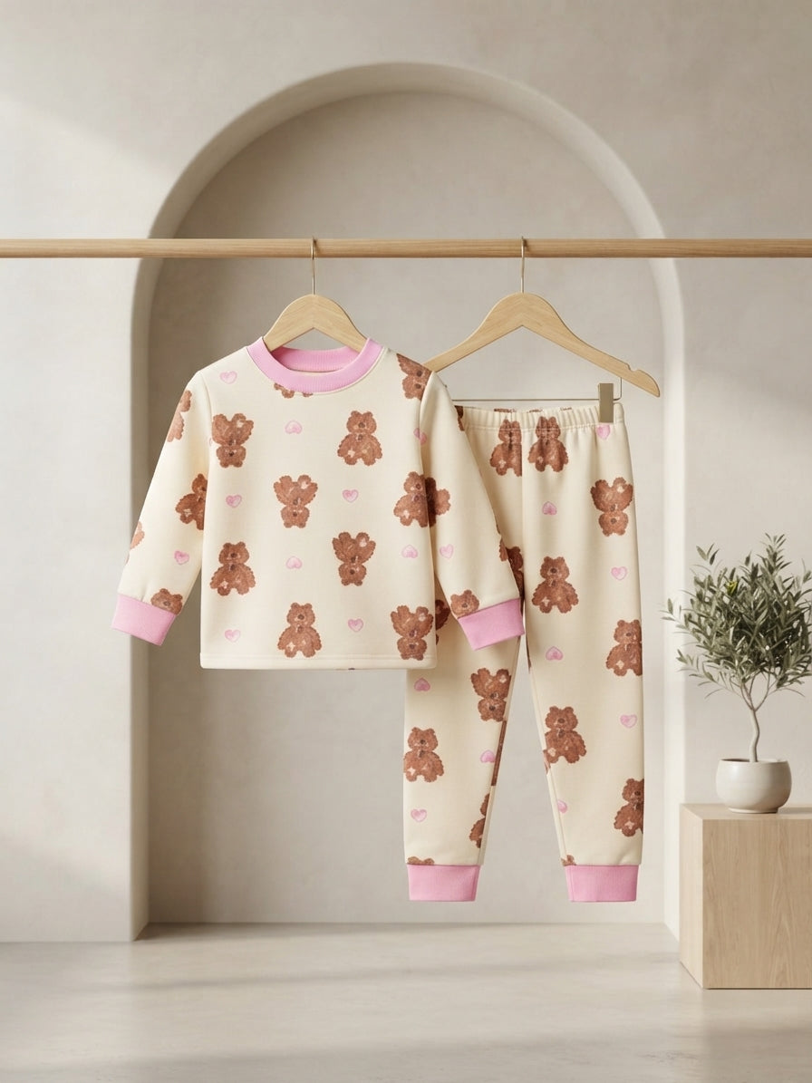 Kids beige teddy bear print sweatshirt and matching trouser set for daily casual wear.