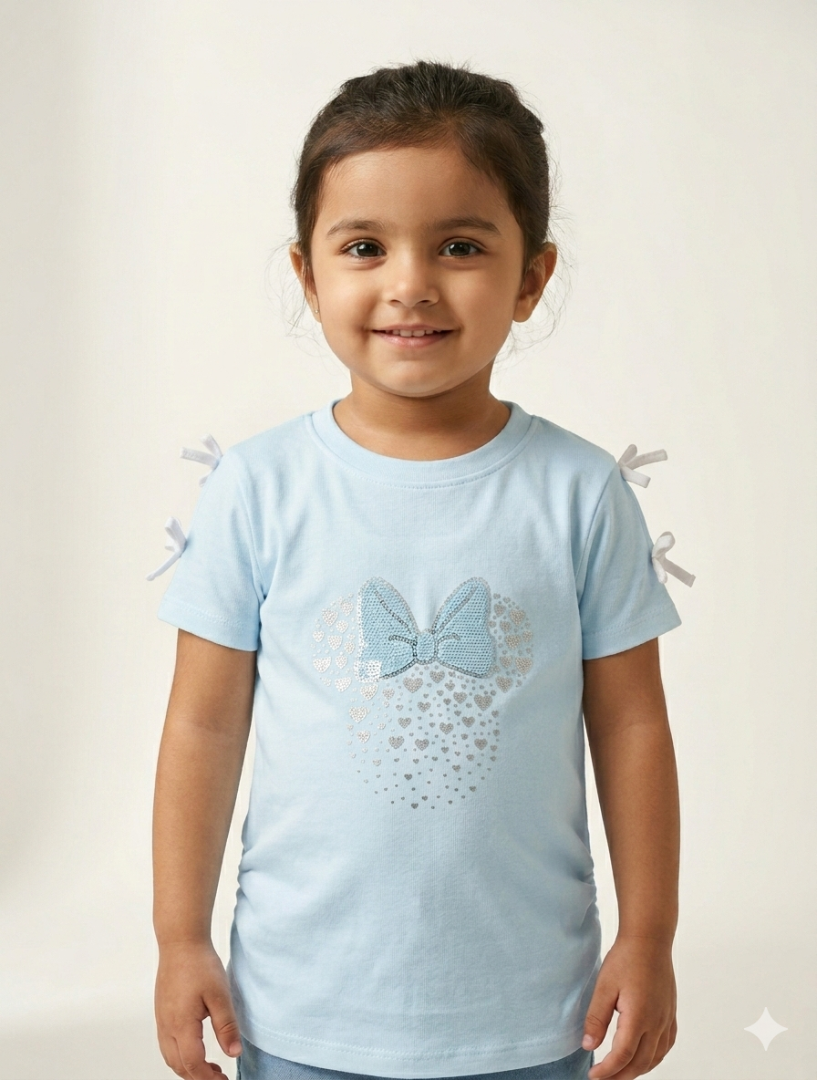 Girls Sweet Ribbon Sleeve Tee with Sequin Heart and Bow Graphic Short Sleeve Cotton Top
