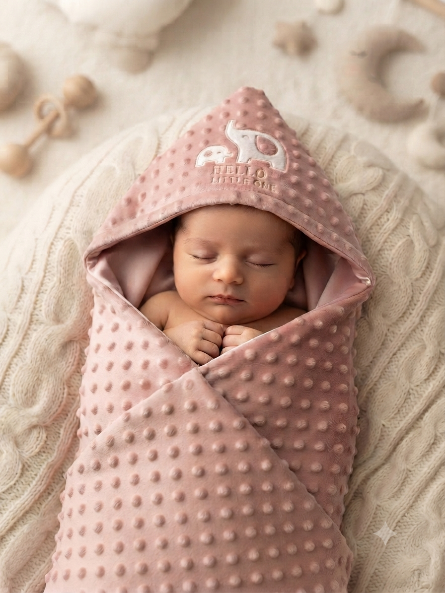 Soft White Minky Baby Hooded Swaddle Blanket With Cute Hello Little One Embroidery Design
