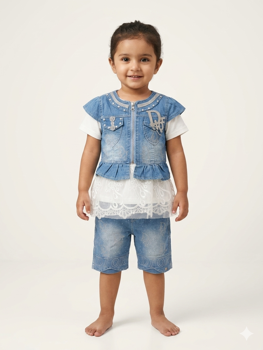 Elegant Toddler Girls' Two-Piece Denim Vest and Lace Shorts Set with Sparkling Embellished Accents
