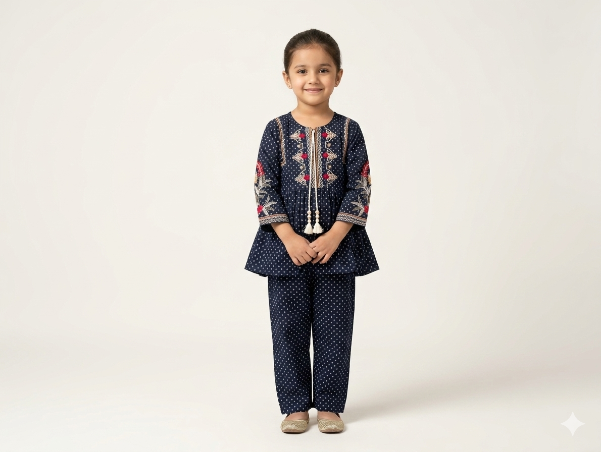 Girls' Dark Blue Polka Dot Peplum Tunic and Trouser Set with Traditional Floral Embroidery