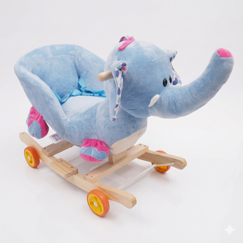 Adorable Plush Blue Elephant 2-in-1 Rocking Horse and Rolling Ride-On Toy for Toddlers