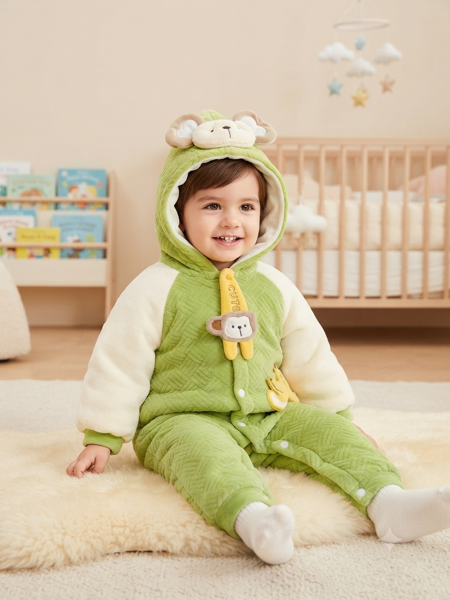 Adorable Green Monkey Hooded Baby Romper Warm Fleece Winter Jumpsuit For Toddler Boys