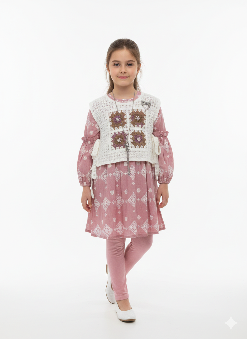 Girls' Vintage-Inspired Boho Frock Set with Crochet Vest and Matching Leggings Three-Piece Outfit