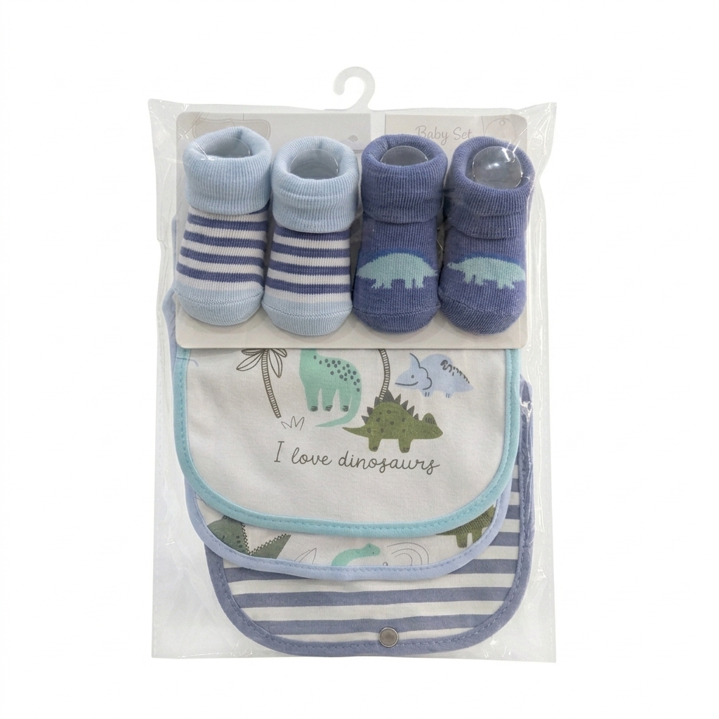 Dinosaur Baby Bib and Sock Gift Set Soft Cotton Premium Newborn Essentials Boys Set