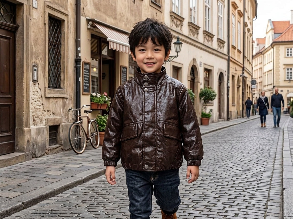 Stylish Kids Faux Leather Puffer Jacket With Stand Collar And Front Pockets
