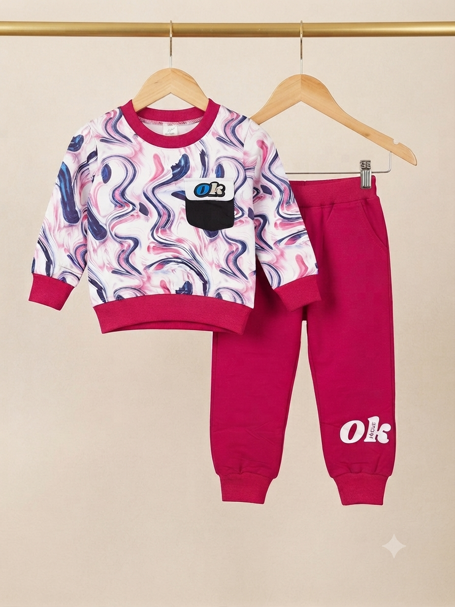 Stylish Abstract Swirl Print Kids Fleece Sweatshirt And Matching Joggers Winter Outfit Set