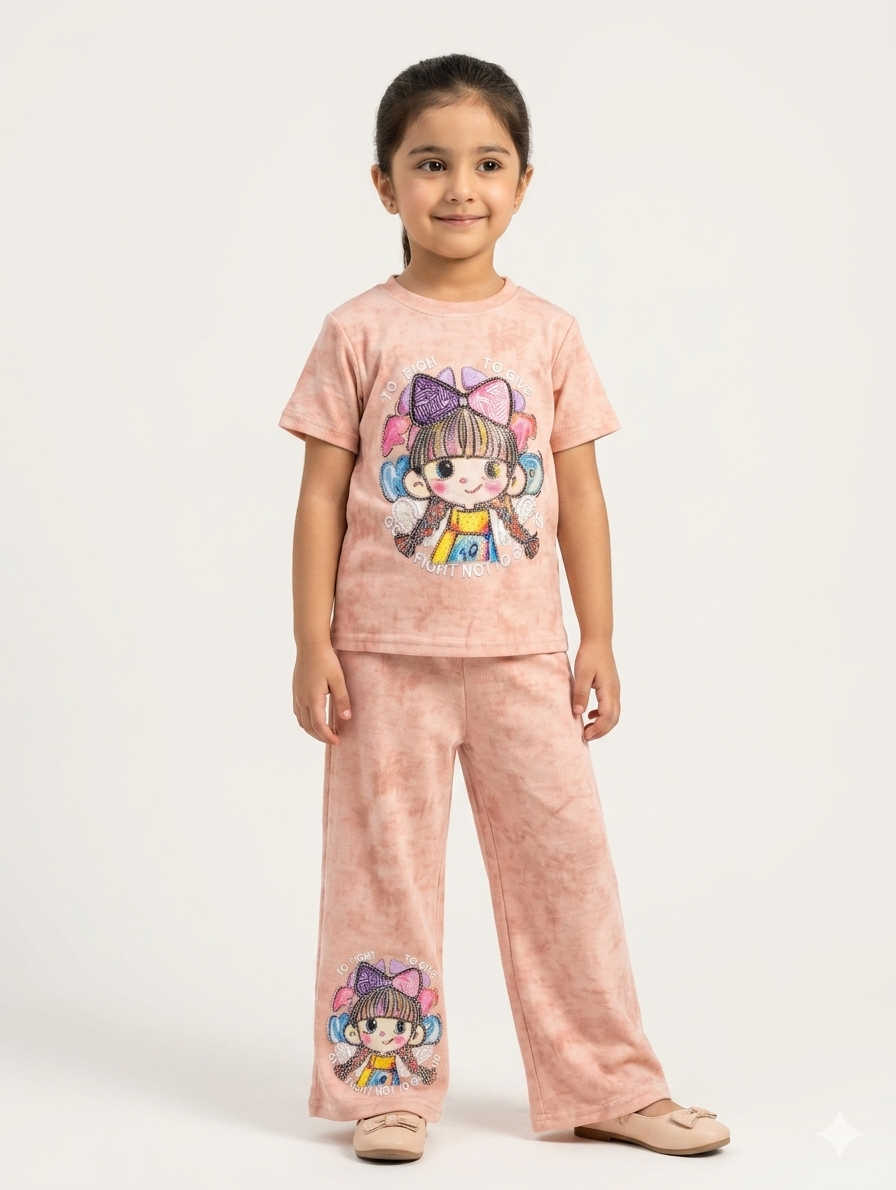 Girls Vibrant Tie Dye Two Piece Lounge Set Featuring Colorful Cartoon Graphic and Wide Pants