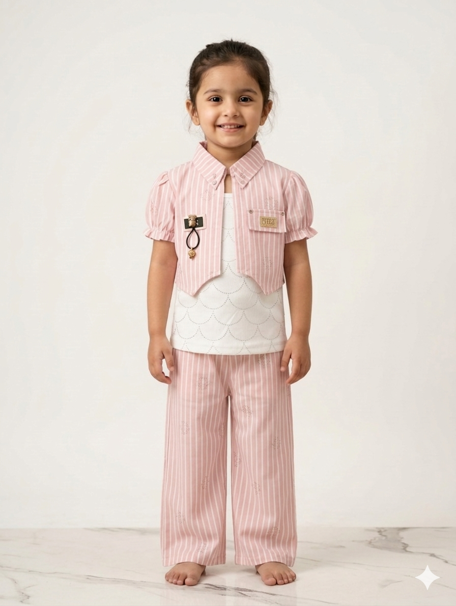 Girls Three-Piece Striped Bolero Jacket Set With Scalloped Inner Top and Matching Wide Trousers