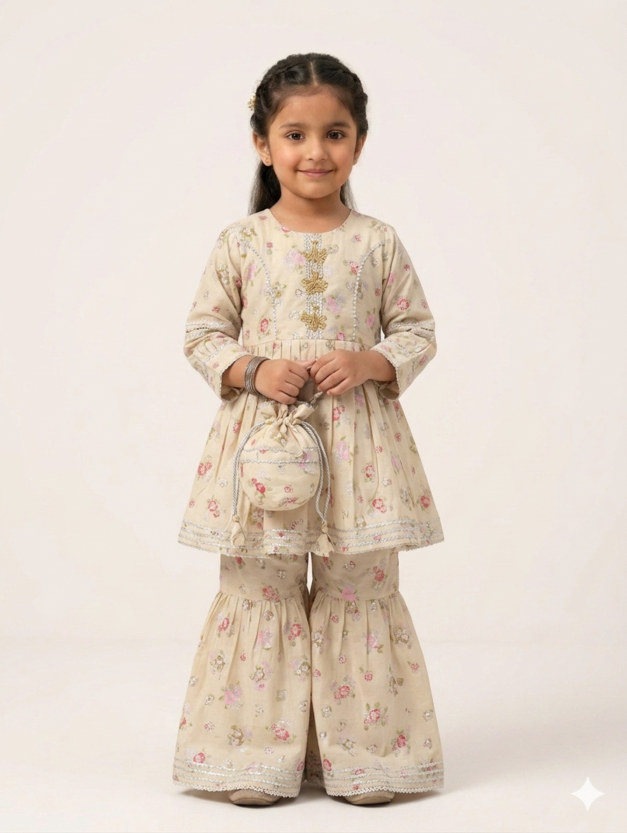 Elegant Girls Floral Print Gharara Set With Matching Potli Bag For Festive Ethnic Wear