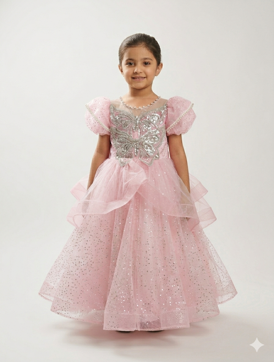 Little Girls Enchanting Butterfly Wing Sequin Ball Gown With Layered Tulle And Puff Sleeves
