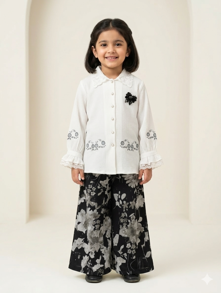 Sophisticated Girls Monochromatic Floral Embroidered Shirt and Wide Leg Printed Trouser Two Piece Set