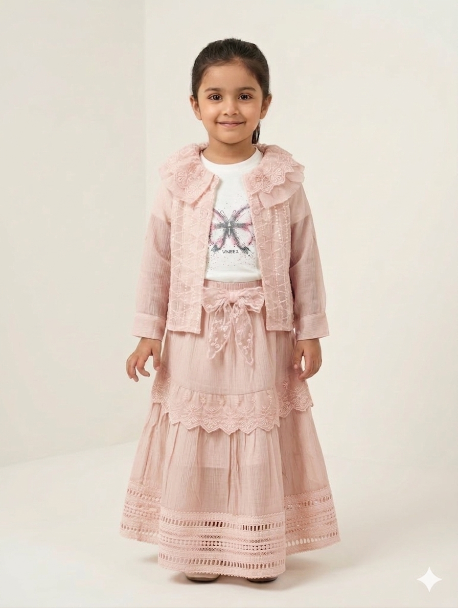 Elegant Girls' Three-Piece Embroidered Lace Maxi Skirt Set with Butterfly Print Tee and Jacket