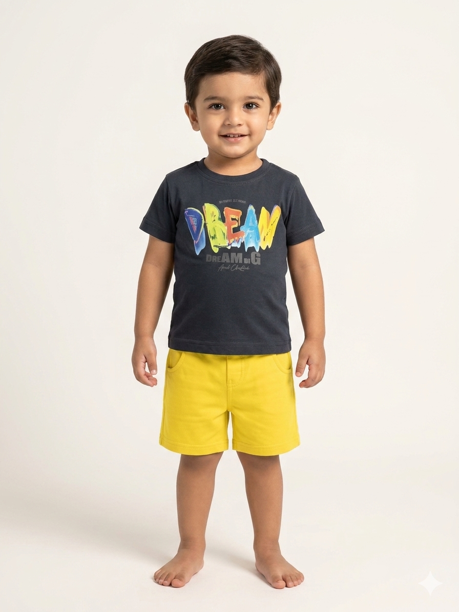 Toddler Boy Dream Big Colorful Graphic Tee and Shorts Set Premium Cotton Summer