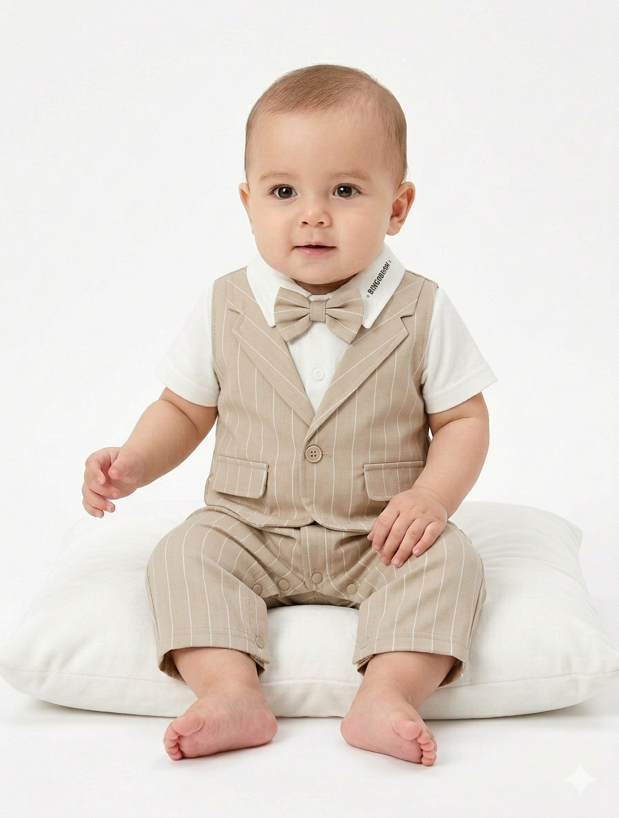 Baby Boys' Formal Pinstripe Gentleman Romper with Vest and Matching Bow Tie Set