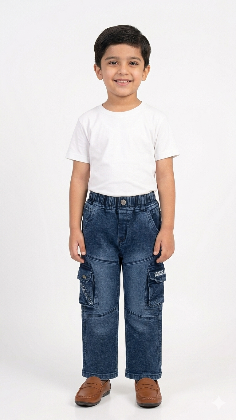Boys Blue Denim Cargo Jeans Elastic Waist Wide Leg Casual Pocket Trousers for Kids