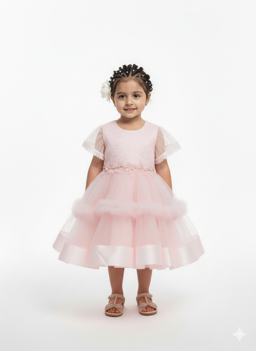 Elegant Girls' Tiered Tulle Party Dress with Lace Bodice and Pearl Waist Detail