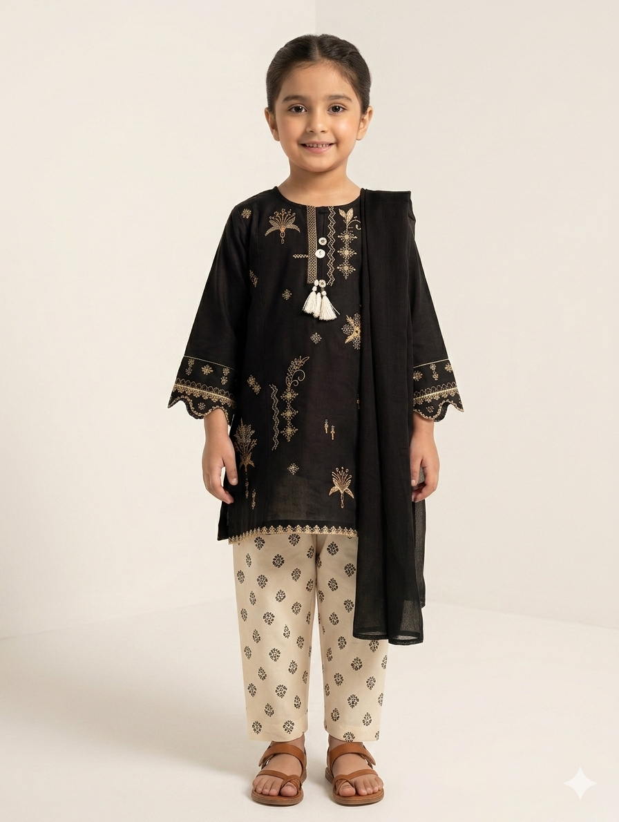 Girls Embroidered Lawn 3-Piece Suit with Printed Trousers and Matching Dupatta in Three Colors