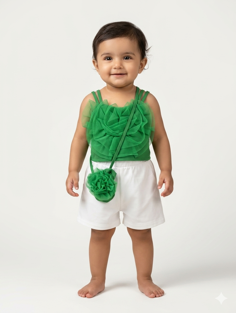 Toddler Girl Floral Tulle Ruffle Top and White Shorts Two-Piece Summer Fashion Outfit Set