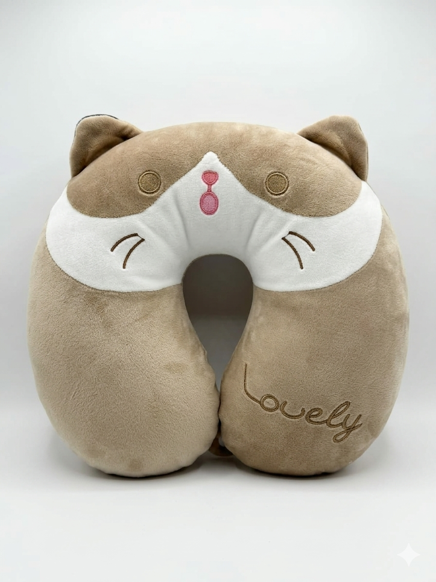 Comfortable Brown Cat Travel Neck Pillow – Soft Plush Neck Support